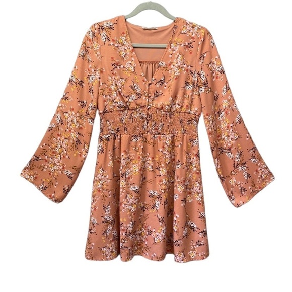 Altar'd State Floral Smocked Waist V Neck Bell Sleeve Mini Dress Sz S - Picture 1 of 10